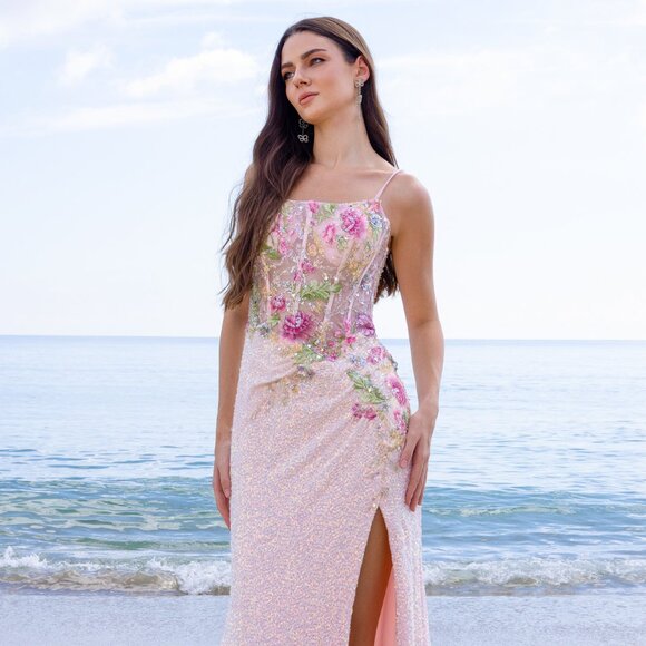 NEW SLEEVELESS SHEATH SEQUINS EMBELLISHED PROM DRESS W/ SHEER BODICE AC 2053 NEW SLEEVELESS SHEATH SEQUINS EMBELLISHED PROM DRESS W/ SHEER BODICE AC 2053